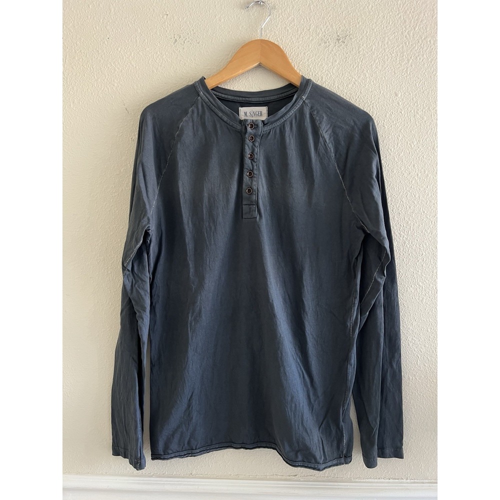 M. SINGER Gray Blue Long Sleeve Henley Shirt 100% Cotton Made in USA Casual Sz.S